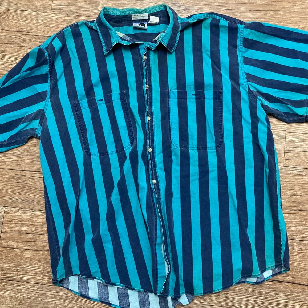 Vintage Striped Button Down Teal and Blue